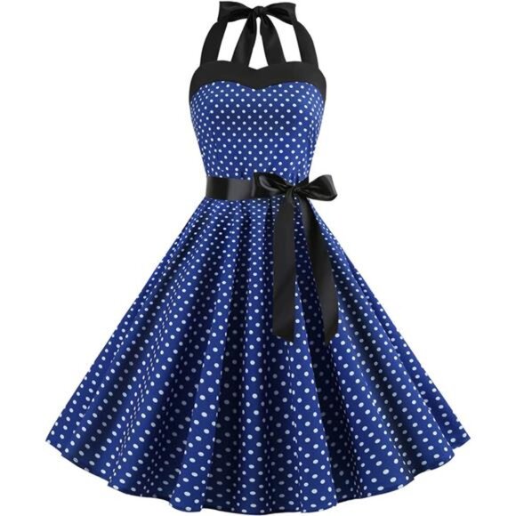 Women Retro Swing Dress White Blue - Picture 1 of 6